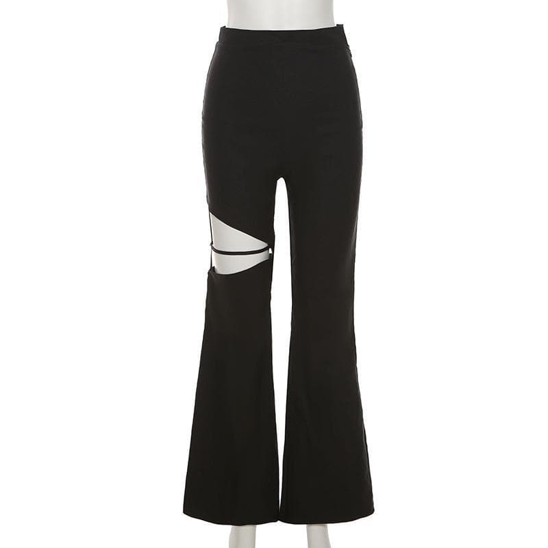 Zip up hollow out flared solid pant