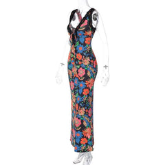 Lace hem sleeveless v neck flower print contrast maxi dress