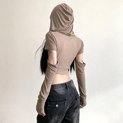 Hoodie cowl neck hollow out long sleeve corset crop top