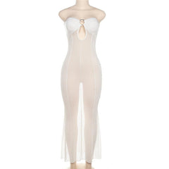 Mesh see through o ring hollow out backless tube maxi dress