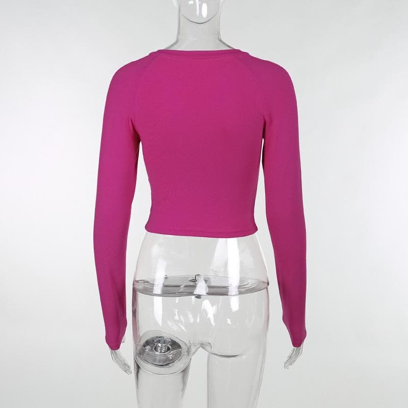 Hollow out cross front long sleeve solid crop top - Final Sale