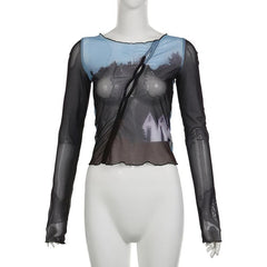 Hollow out contrast sheer mesh long sleeve see through top