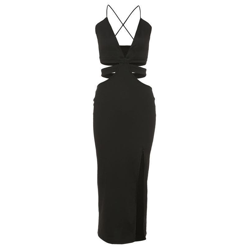 Hollow out deep v neck solid slit maxi dress