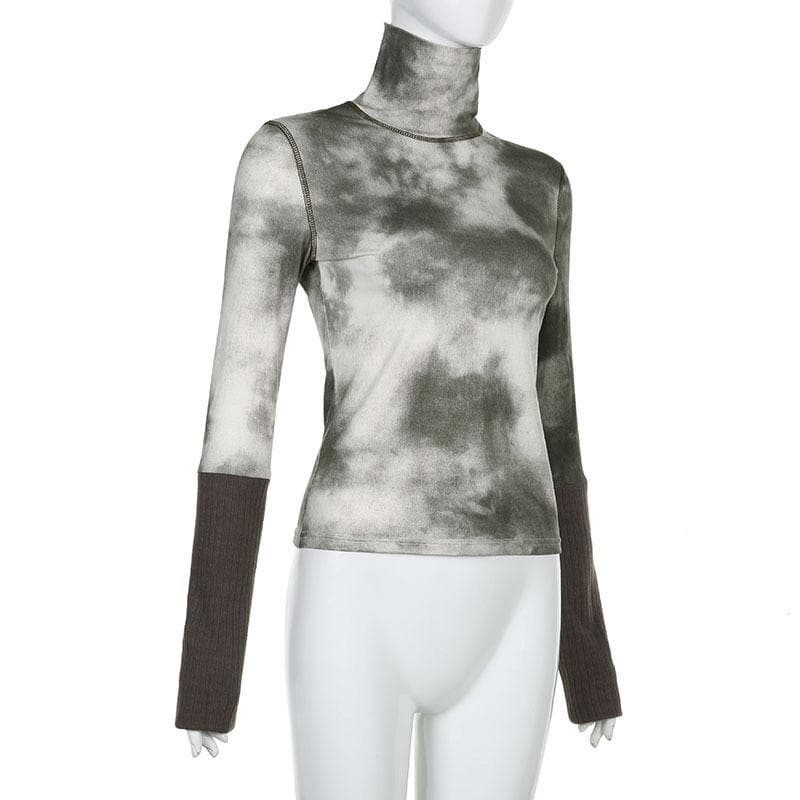 Knitted patchwork high neck tie dye contrast long sleeve top