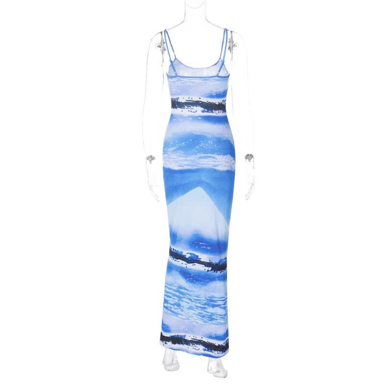 Ribbed contrast print backless u neck cami maxi dress