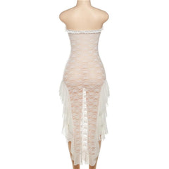 Lace see through ruffle backless slit tube midi dress