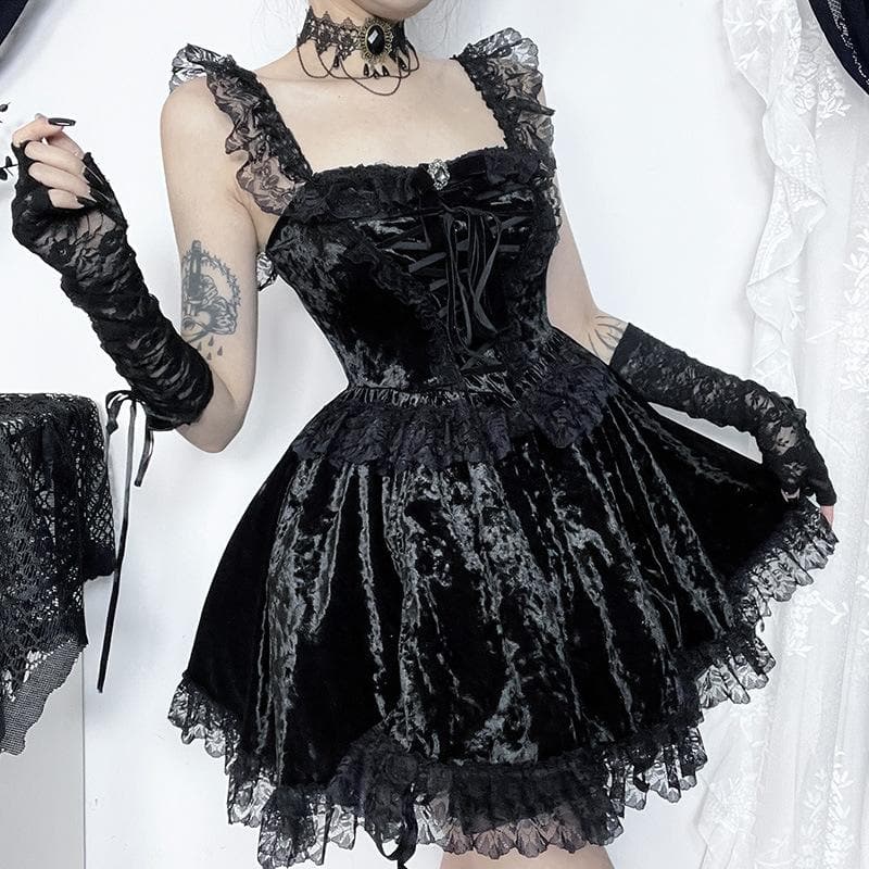 Vestido corto de terciopelo liso con dobladillo de encaje, sin mangas y con volantes | Vestidos góticos victorianos 