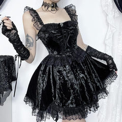 Solid velvet lace hem sleeveless ruffle lace up mini dress | victorian gothic dresses