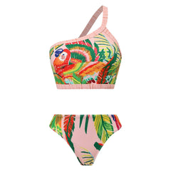 Rückenfreier Bikini mit One-Shoulder-Blatt-Print und Kontrast