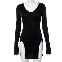 Long sleeve deep v neck slit solid mini dress