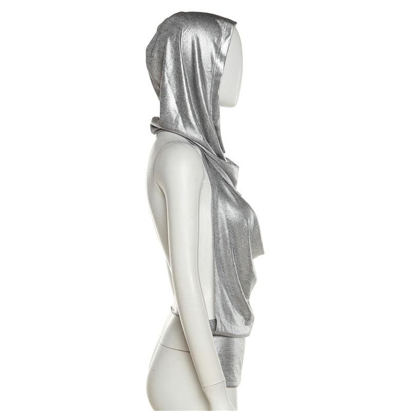 Metallic metal chain cowl neck ruched hoodie backless top