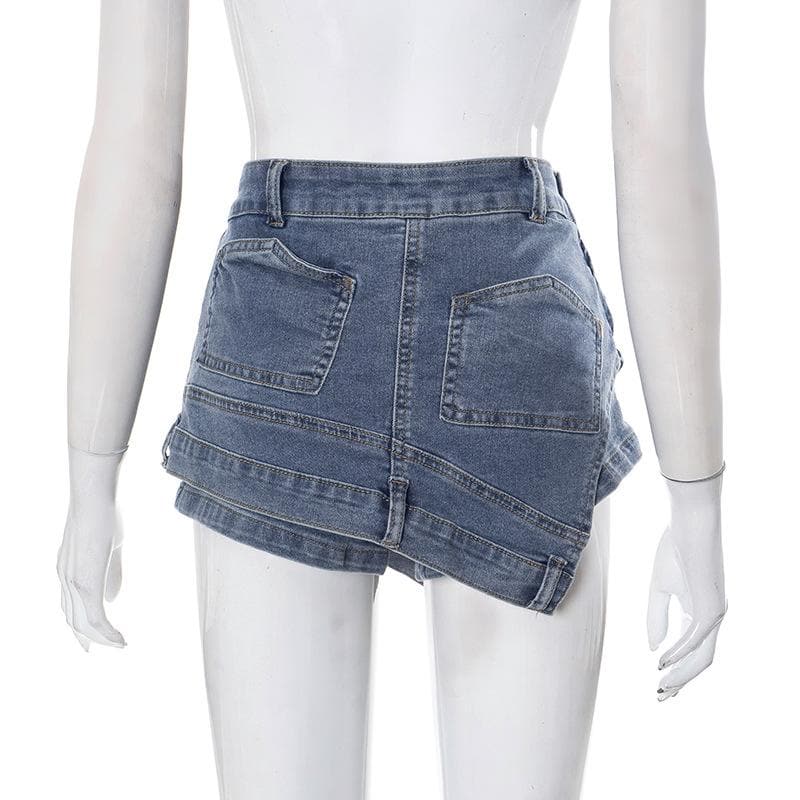 Patchwork irregular stitch 2-way zip-up denim shorts