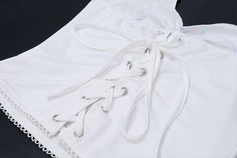 Lace up v neck bowknot pattern halter backless top