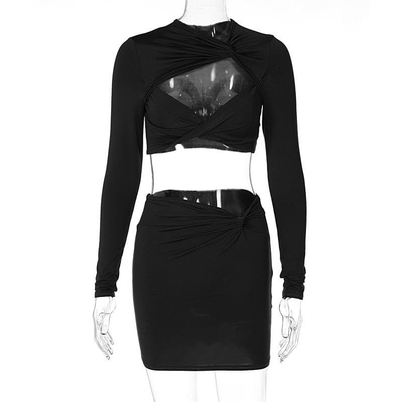 Knotted hollow out solid ruched long sleeve mini skirt set