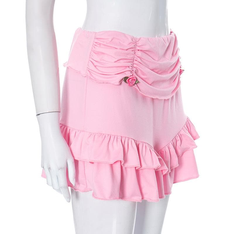 Long sleeve self tie ruched flower applique ruffle solid mini skirt set