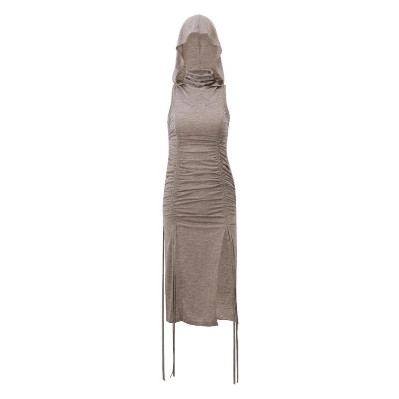 Vestido midi de cuello alto con abertura lisa, sin mangas y capucha con cordón ajustable