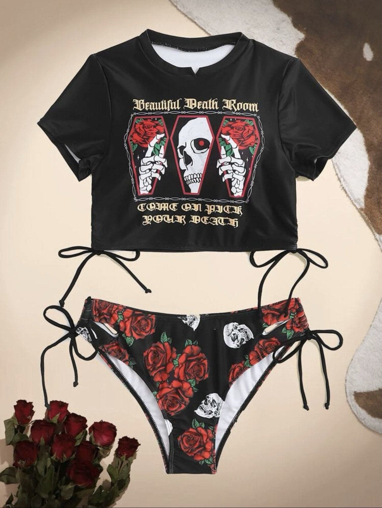 Totenkopf Blumenmuster Kordelzug Kontrast Kurzarm Bikini Bademode