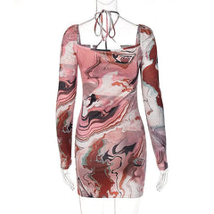 Cross front contrast print long sleeve halter notch neck self tie mini dress