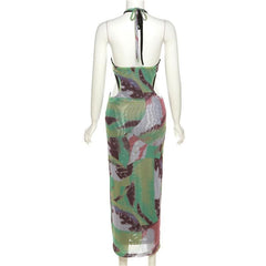 Halter self tie contrast print sheer mesh backless hollow out maxi dress