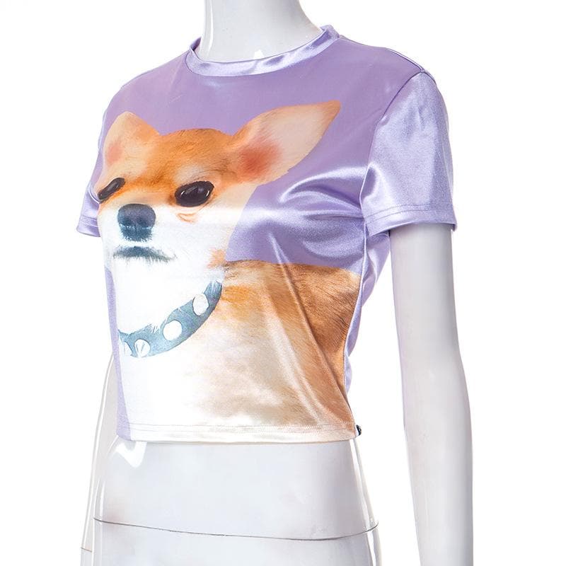 Dog pattern contrast short sleeve crewneck crop top