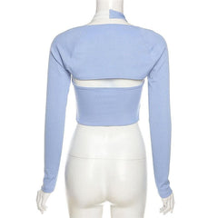 Long sleeve ribbed contrast halter 2 piece top