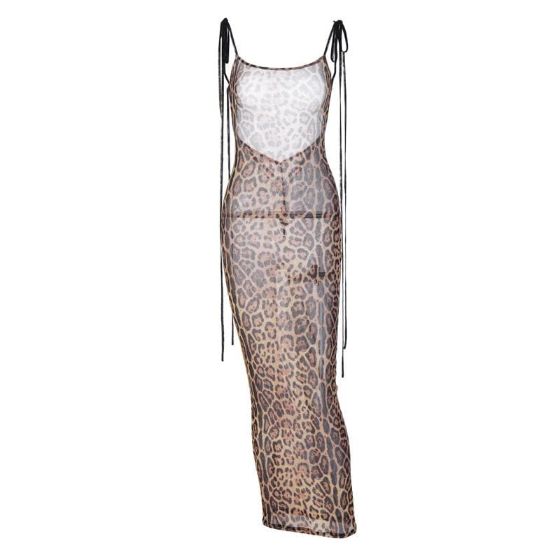 PRE ORDER - Mesh leopard print backless self tie ruched maxi dress