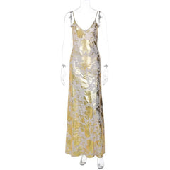 V neck backless metallic print contrast cami maxi dress