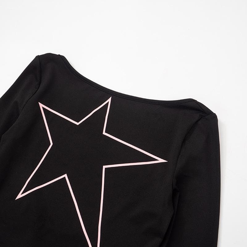 Long sleeve star pattern backless contrast crop top