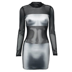 Body print mesh patchwork long sleeve contrast mini dress