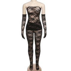 Lace see through gloves solid backless tube pant set