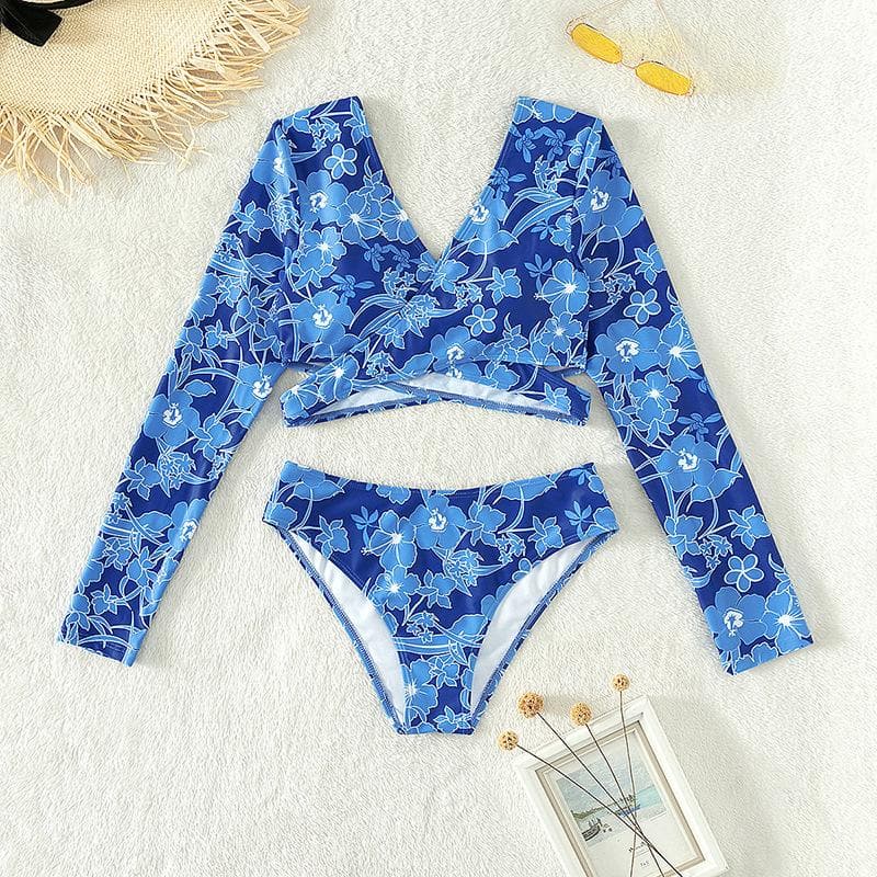 Traje de baño bikini de cuello en V en contraste de manga larga con estampado de flores 