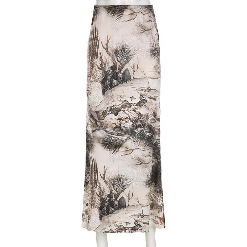 Tree print contrast low rise maxi skirt