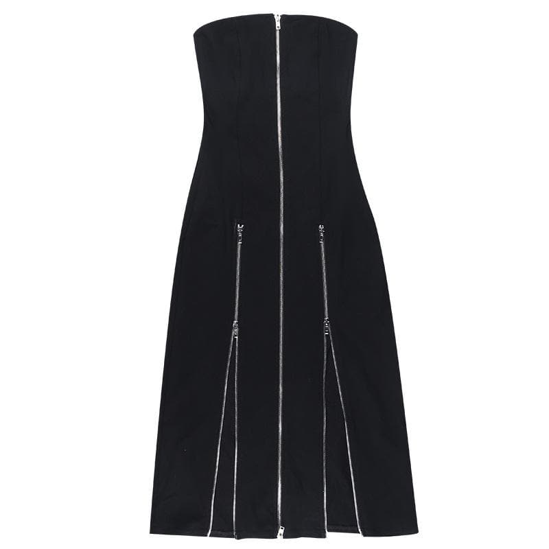 Zip-up slit backless solid tube midi dress