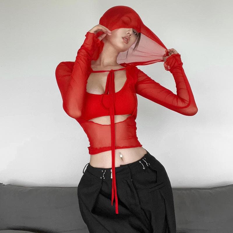 Long sleeve solid mesh hoodie self tie hollow out crop top