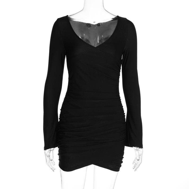 Ruched solid long sleeve v neck mini dress