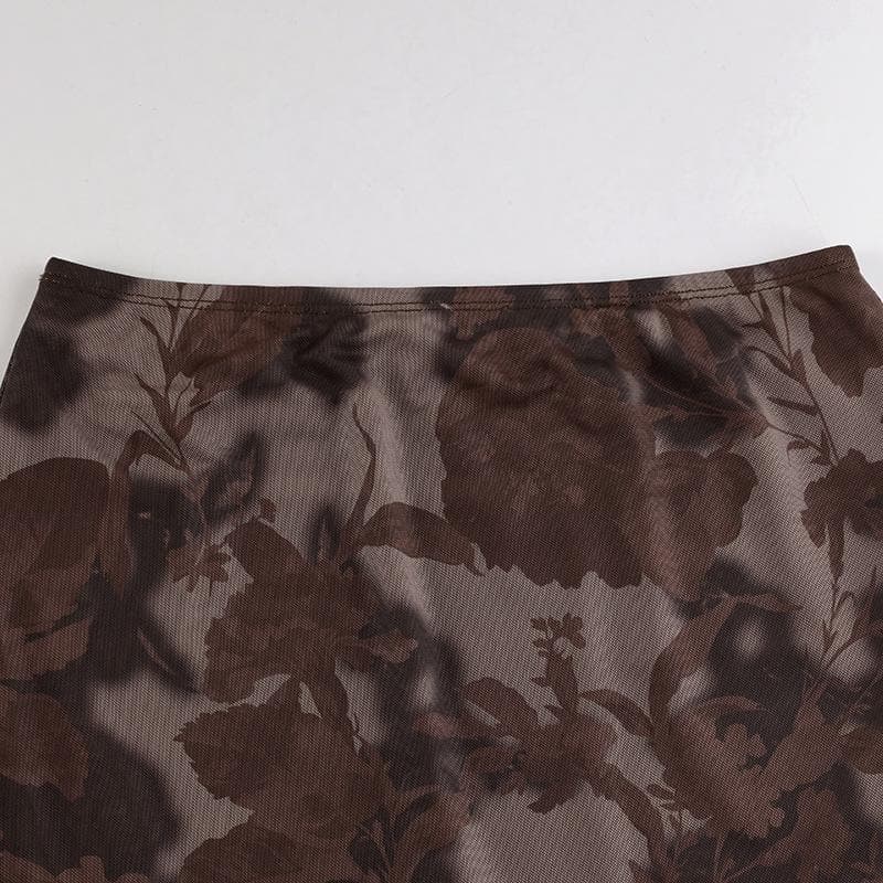 Mesh flower pattern low rise contrast ruffle midi skirt