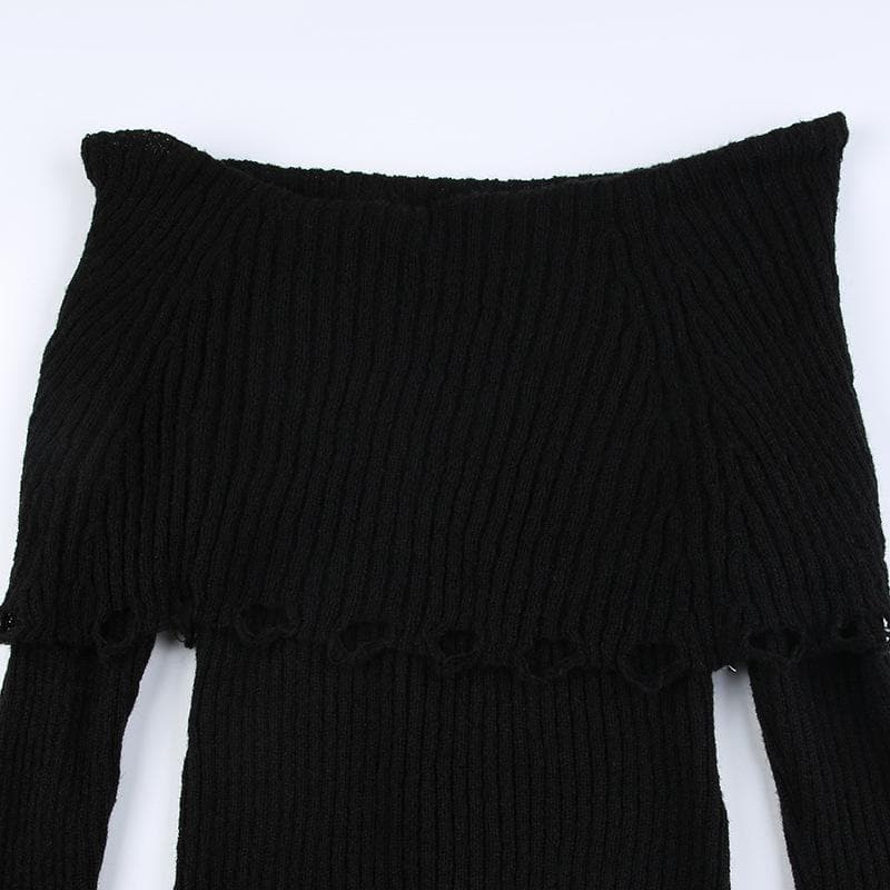 Crochet long sleeve hollow out off shoulder solid top