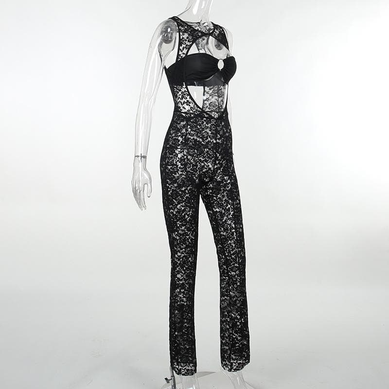 Hollow out lace solid sleeveless o ring tube jumpsuit