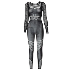 Hollow out solid fishnet long sleeve jumpsuit