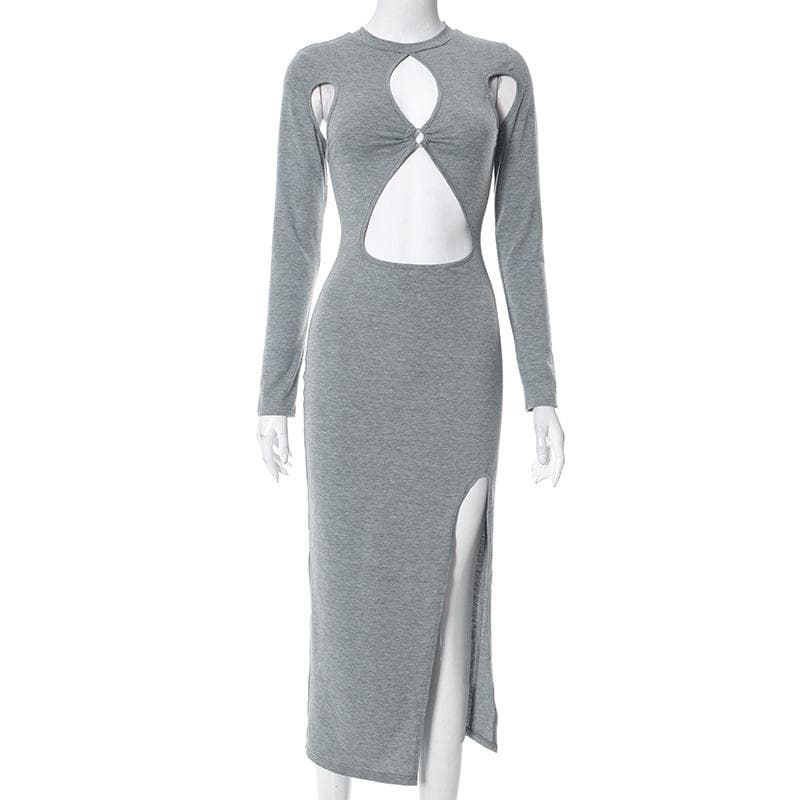 Hollow out long sleeve crewneck slit irregular o ring midi dress