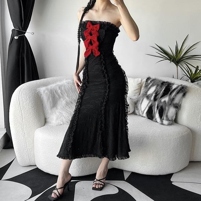 Lace contrast bowknot zip-up ruffle backless tube maxi dress