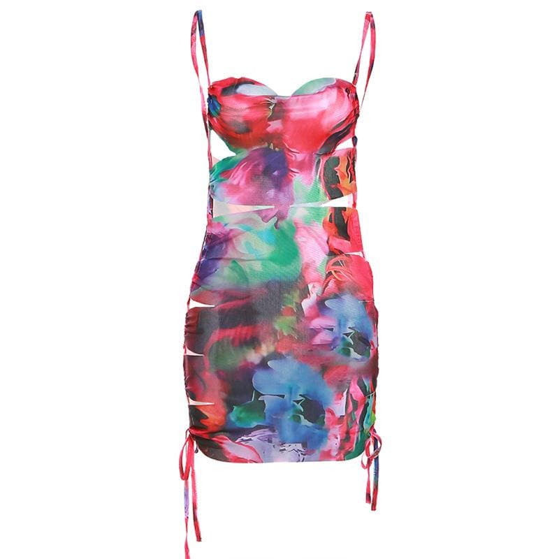 Hollow out flower print drawstring contrast cami mini dress