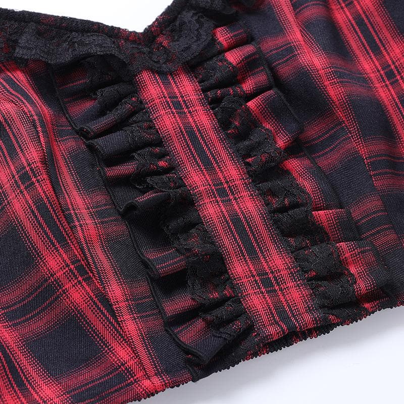 Lace hem ruffle lace up plaid smocked backless mini skirt set