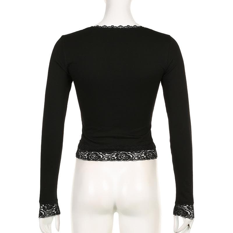 Lace hem solid square neck long sleeve top