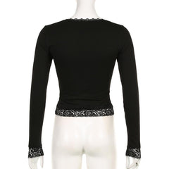 Lace hem solid square neck long sleeve top