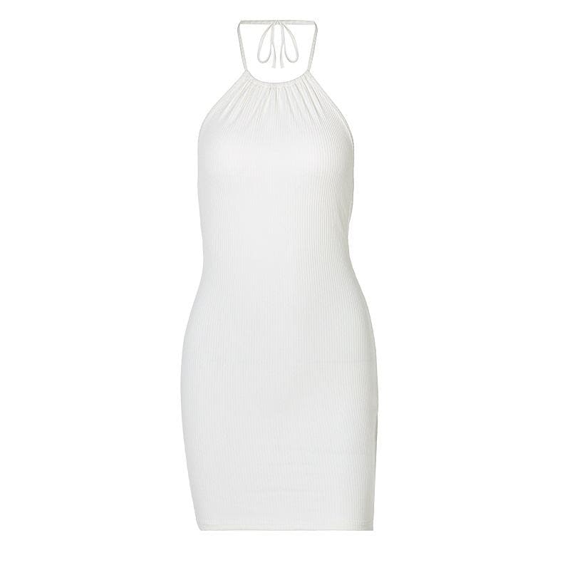 Ribbed solid halter backless drawstring mini dress