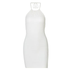 Ribbed solid halter backless drawstring mini dress