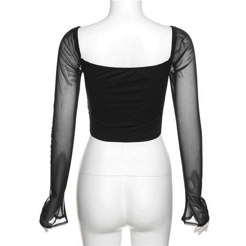 Long sleeve solid mesh hollow out ruched crop top - Final Sale