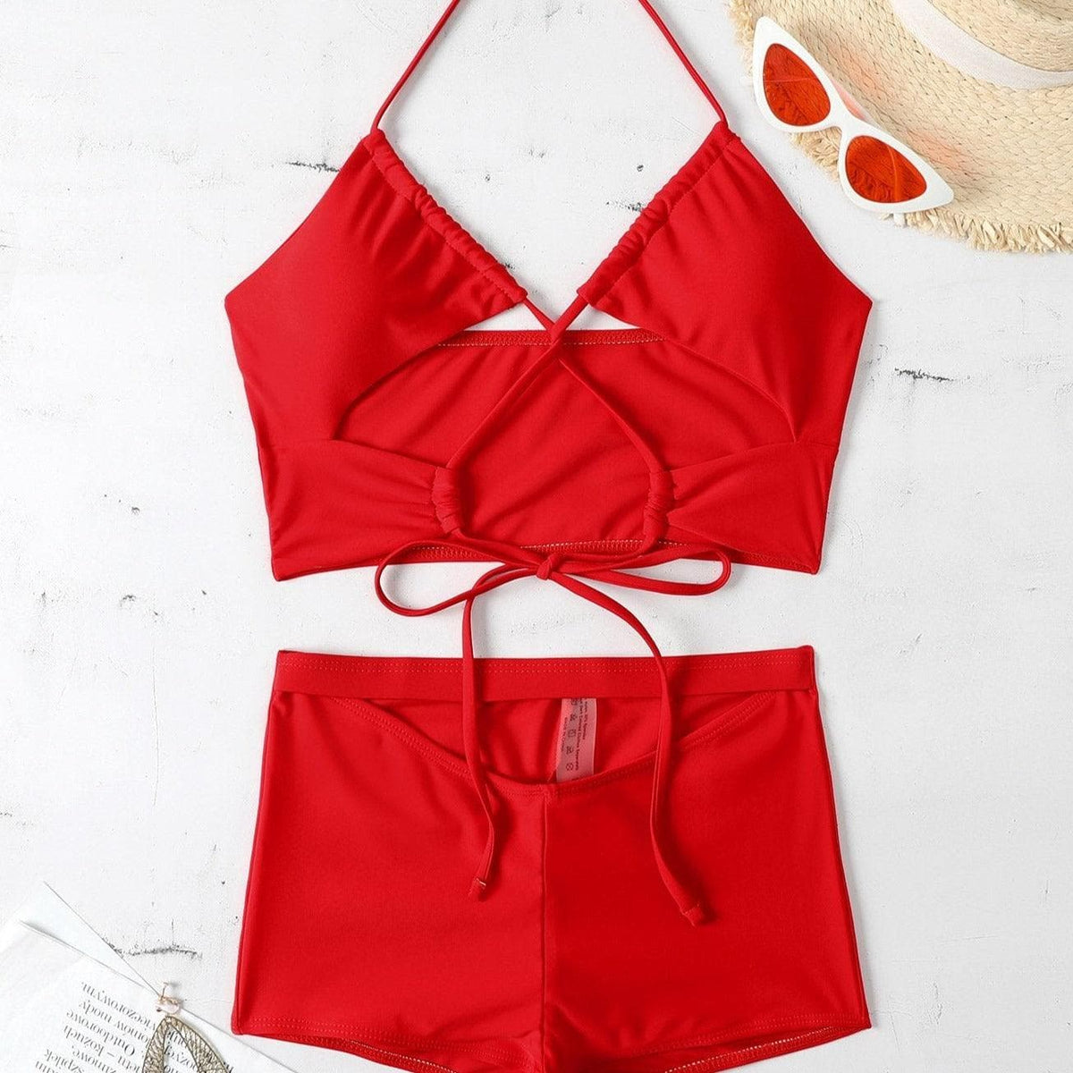 Hollow out cross tie high waisted 2 piece bikini set