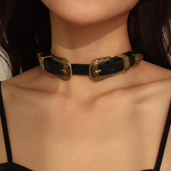 Metal button PU choker necklace